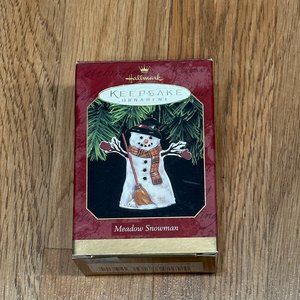 Hallmark Keepsake Vintage Ornament 1997 Retro Metal 3D Meadow Snowman Broom